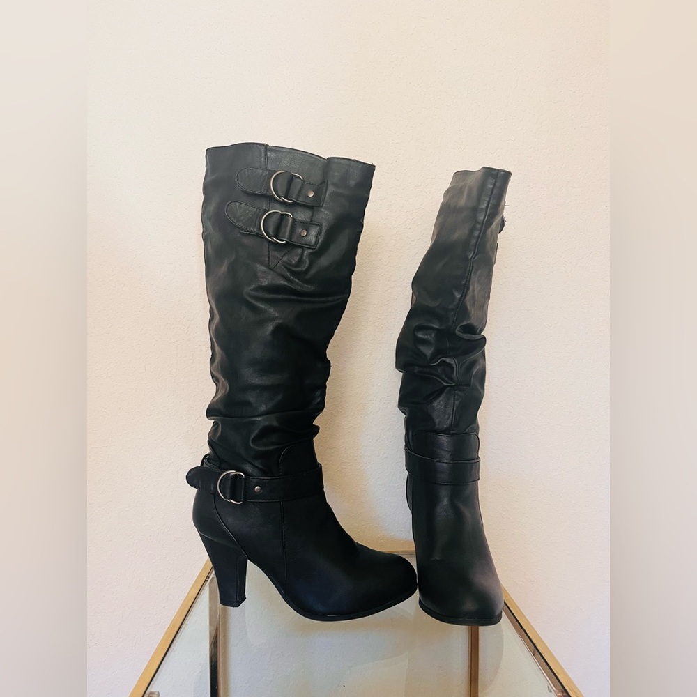 Buckle Black Leather Heeled Boots